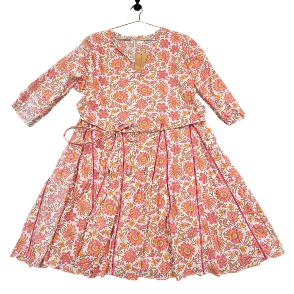 eShakti Dress Womens Pink Orange Floral Khaddar Artisanal Block Print Midi Boho